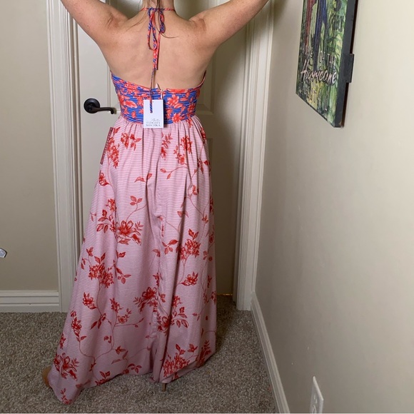 NWT Badgley Mischka size 2 Halter Blue Red Pink dress Floral MAXI - Picture 3 of 10
